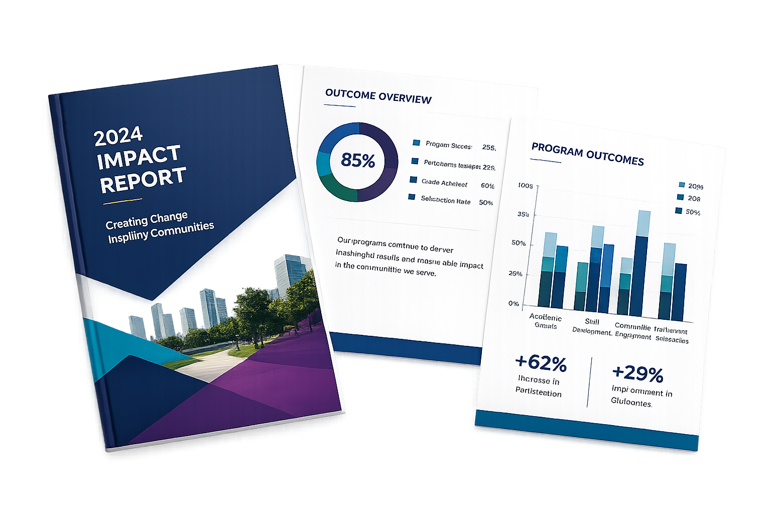 Corporate report layout with charts and infographics